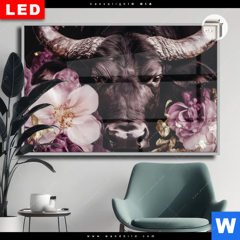 Leuchtbild Acrylglas Canvalight® DIA | Stier mit Blumen | Querformat