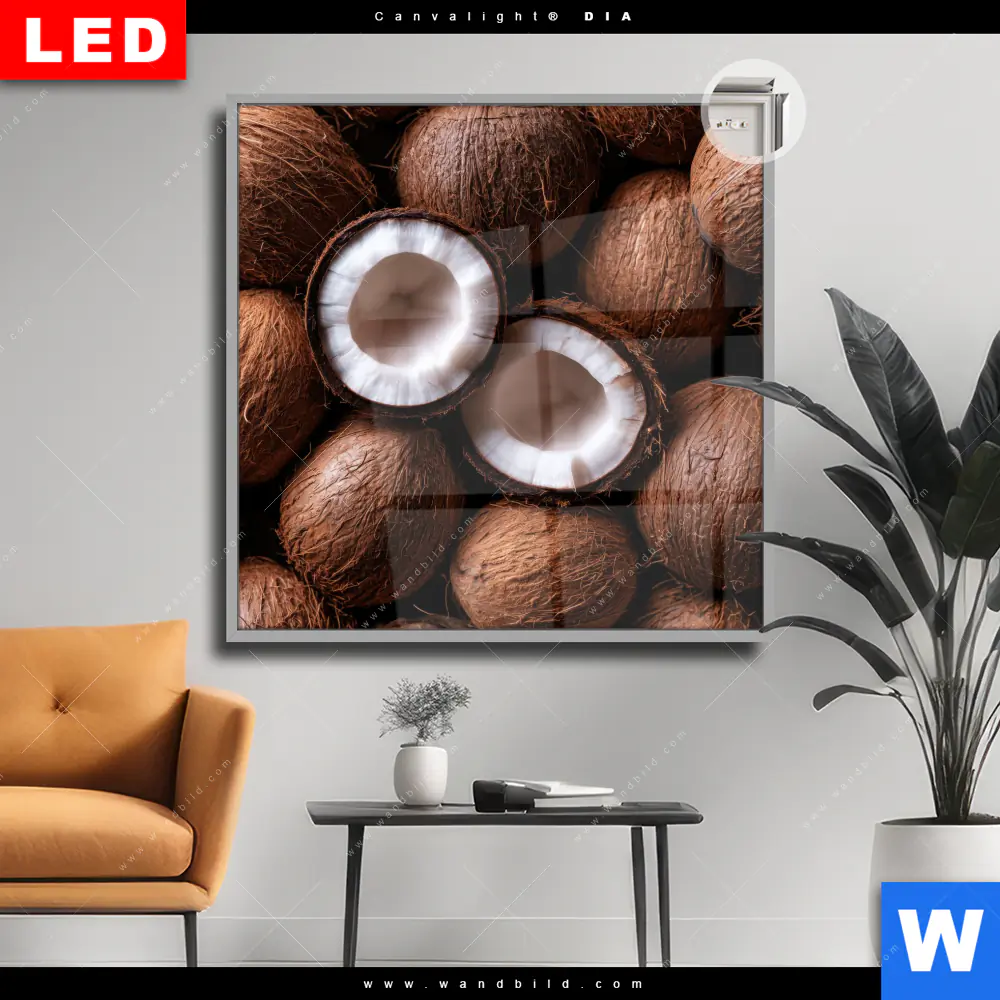 Leuchtbild Acrylglas Canvalight® DIA | Tropische Kokosnüsse – Exotischer Genuss | Quadrat