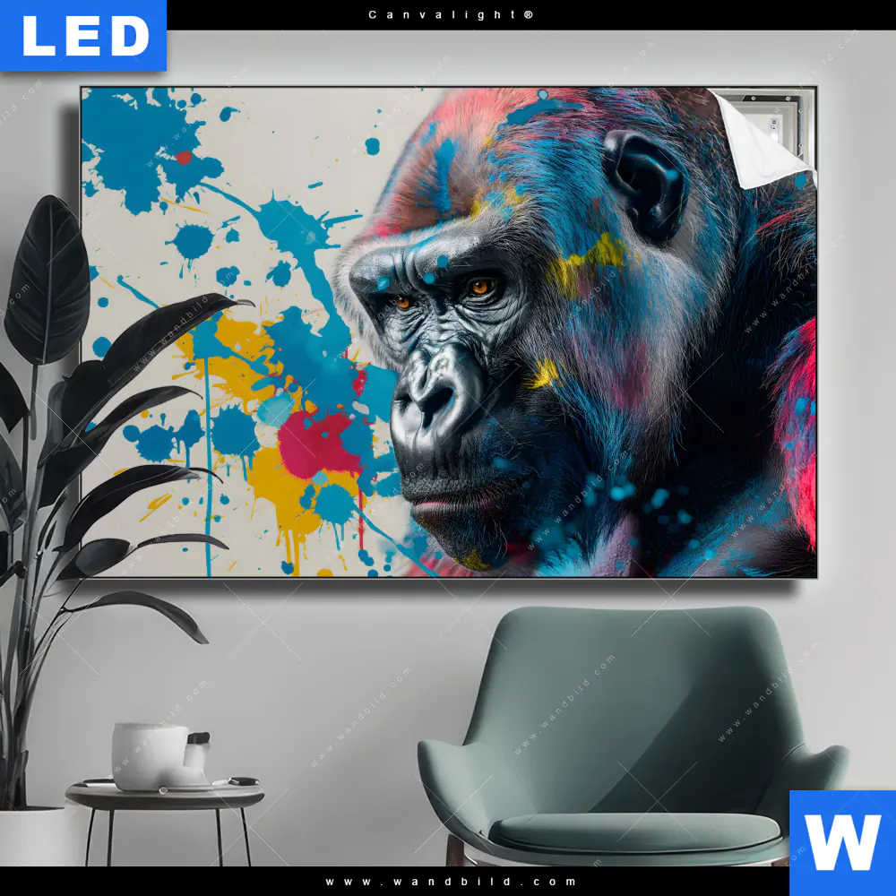 Canvalight® Leuchtbild | Bunter Gorilla mit Farbspritzern | Querformat