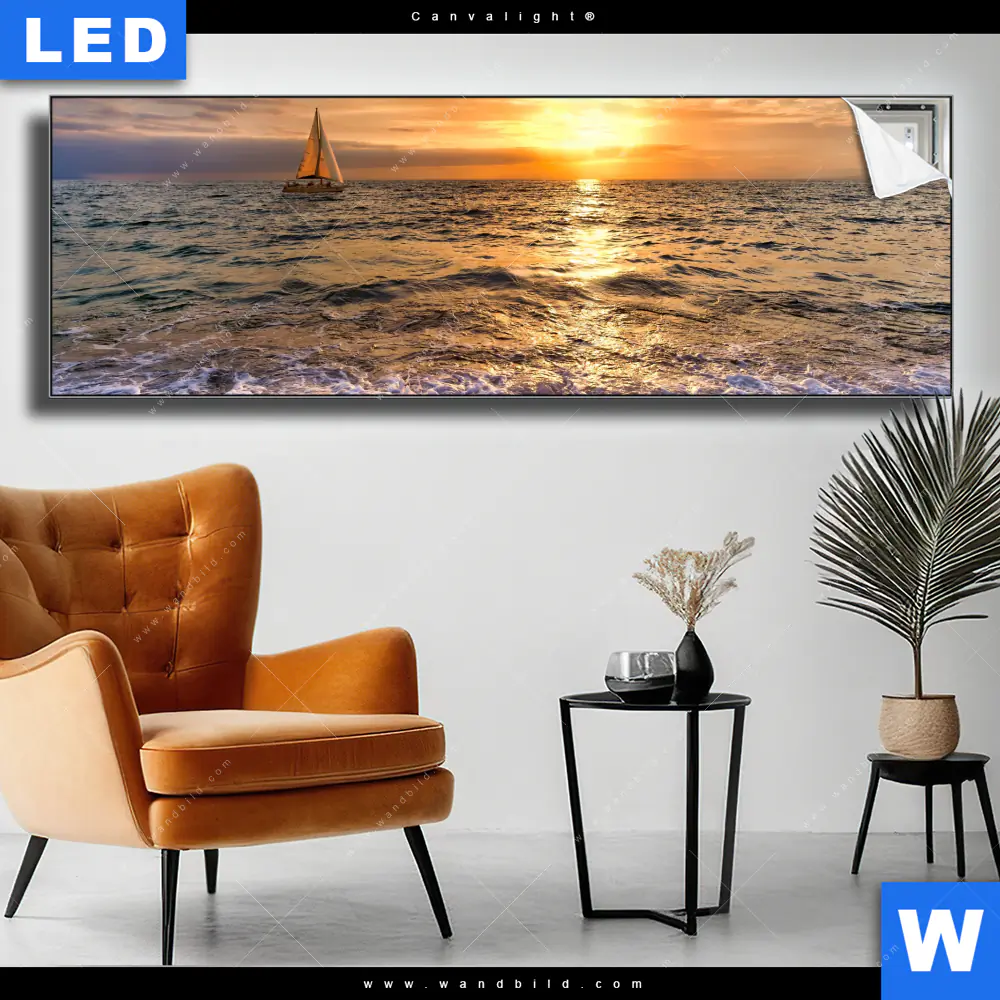 Canvalight® Leuchtbild | Goldenes Licht am Meer | Panorama