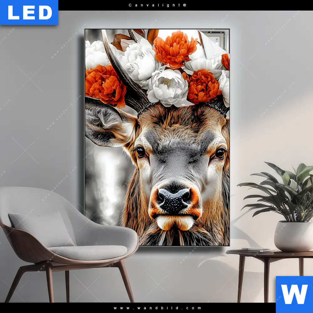 Canvalight® Leuchtbild | Hirsch mit Blumenkrone | Hochformat