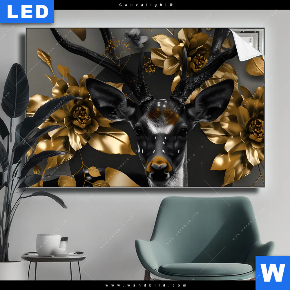 Canvalight® Leuchtbild | Junger Hirsch und Goldblumen | Querformat