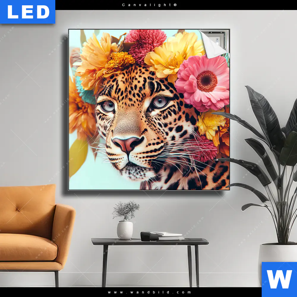 Canvalight® Leuchtbild | Leopard mit Blütenkranz | Quadrat