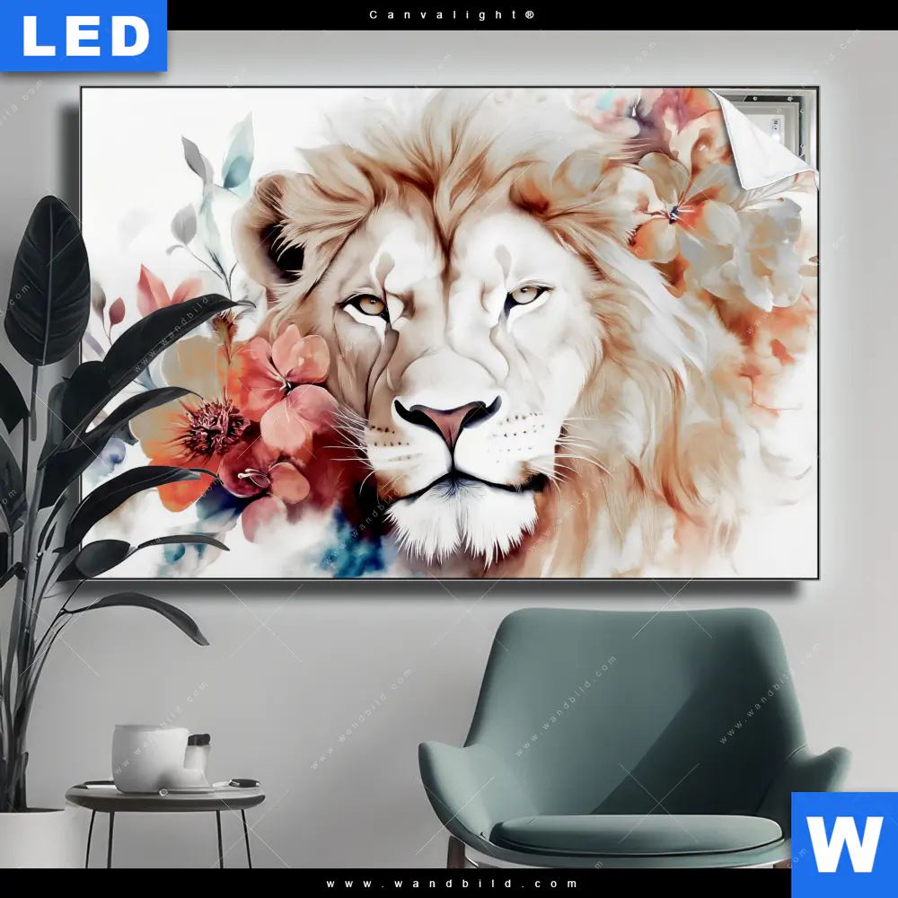 Canvalight® Leuchtbild | Löwe mit Blumen | Querformat