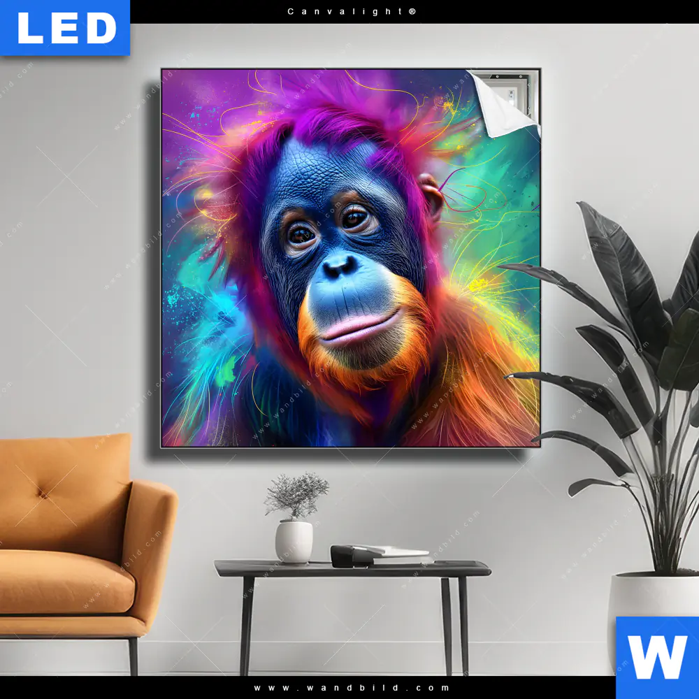 Canvalight® Leuchtbild | Orang-Utan in Regenbogenfarben | Quadrat