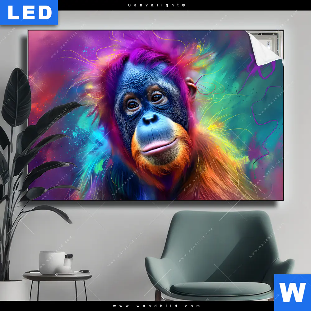 Canvalight® Leuchtbild | Orang-Utan in Regenbogenfarben | Querformat