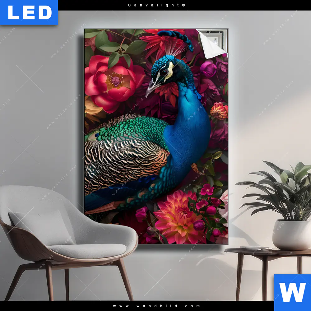 Canvalight® Leuchtbild | Prachtvoller Pfau und Blüten | Hochformat