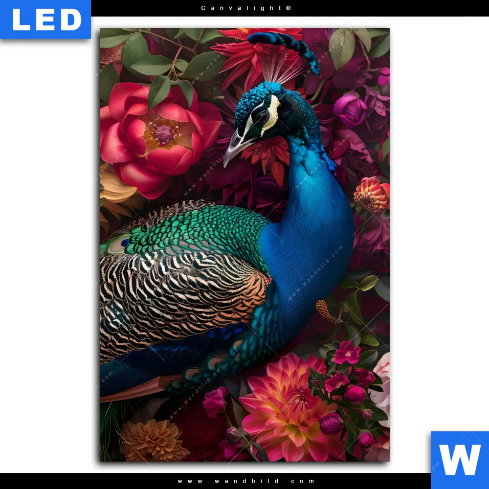 Canvalight® Leuchtbild | Prachtvoller Pfau und Blüten | Hochformat - Image 2