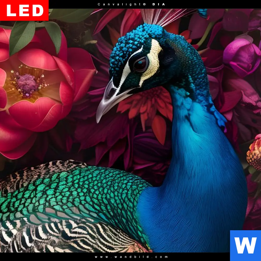 Canvalight® Leuchtbild | Prachtvoller Pfau und Blüten | Hochformat - Image 4