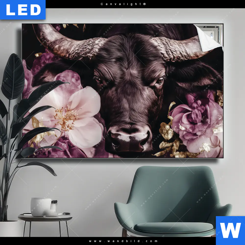 Canvalight® Leuchtbild | Stier mit Blumen | Querformat