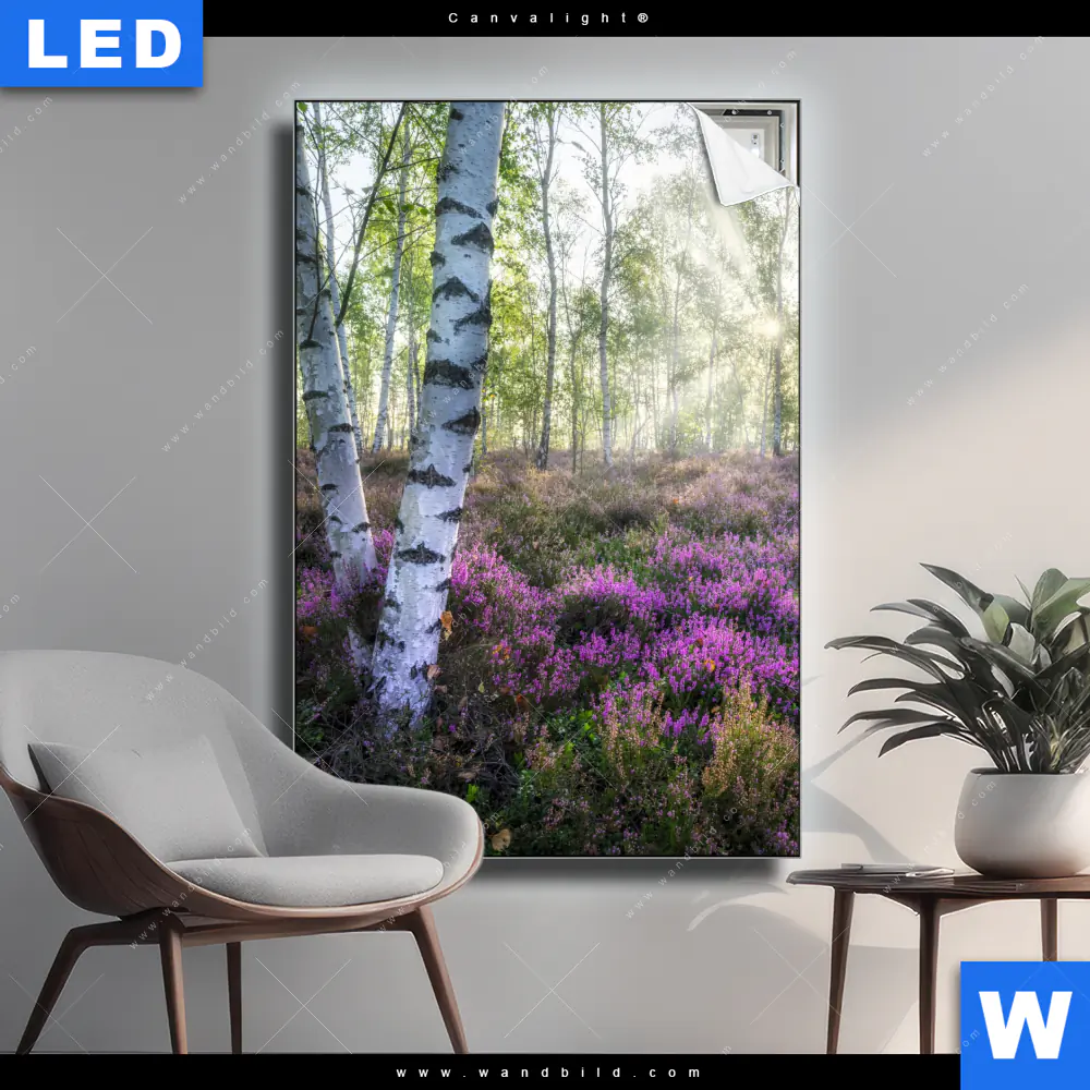 Canvalight® Leuchtbild | Wald mit Heideblumen | Hochformat