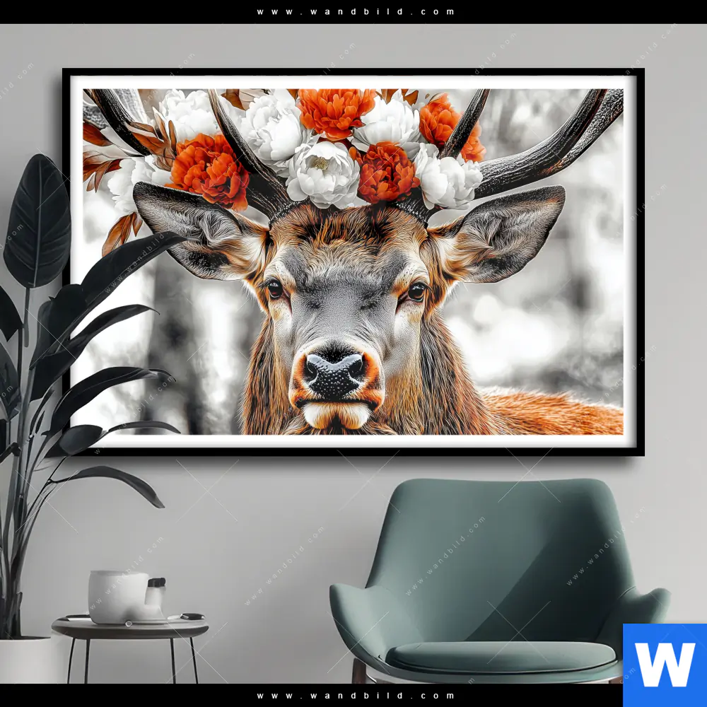 Poster | Hirsch mit Blumenkrone | Querformat