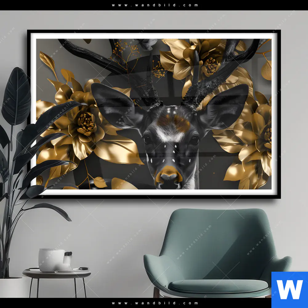 Poster | Junger Hirsch und Goldblumen | Querformat