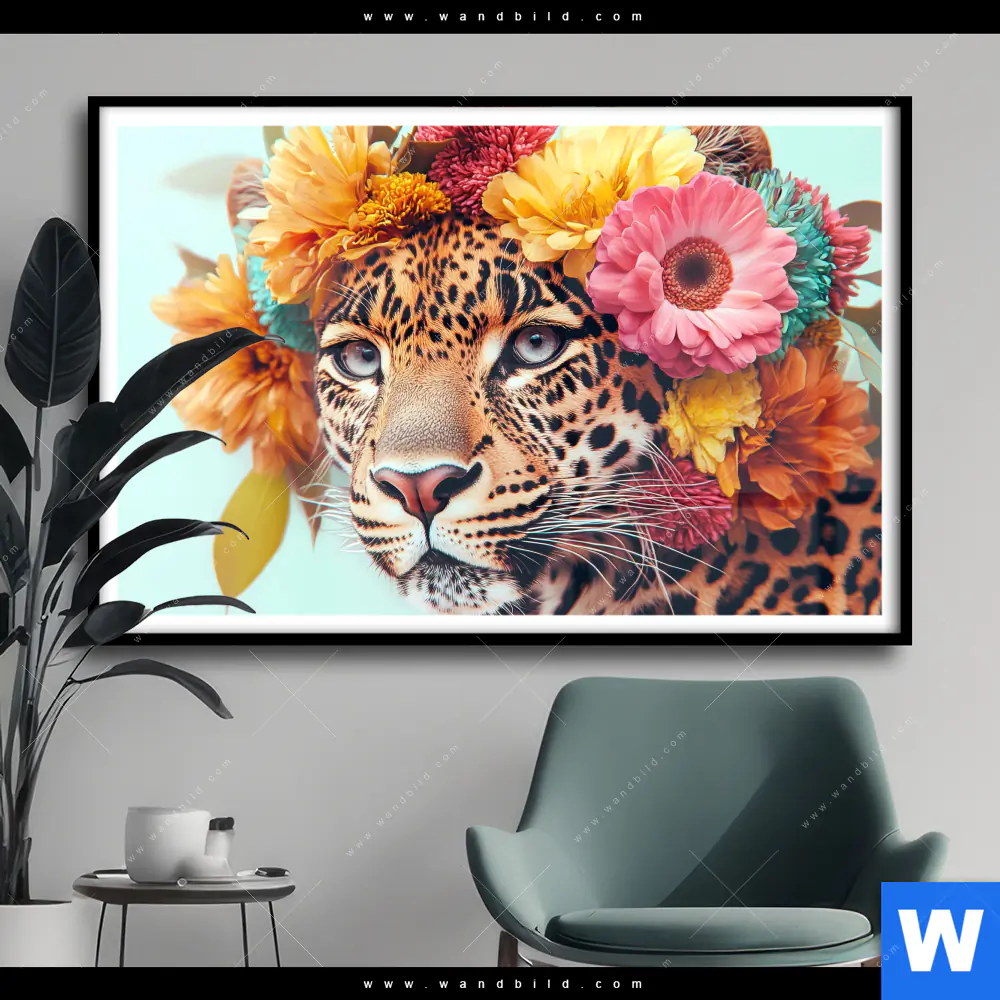 Poster | Leopard mit Blütenkranz | Querformat