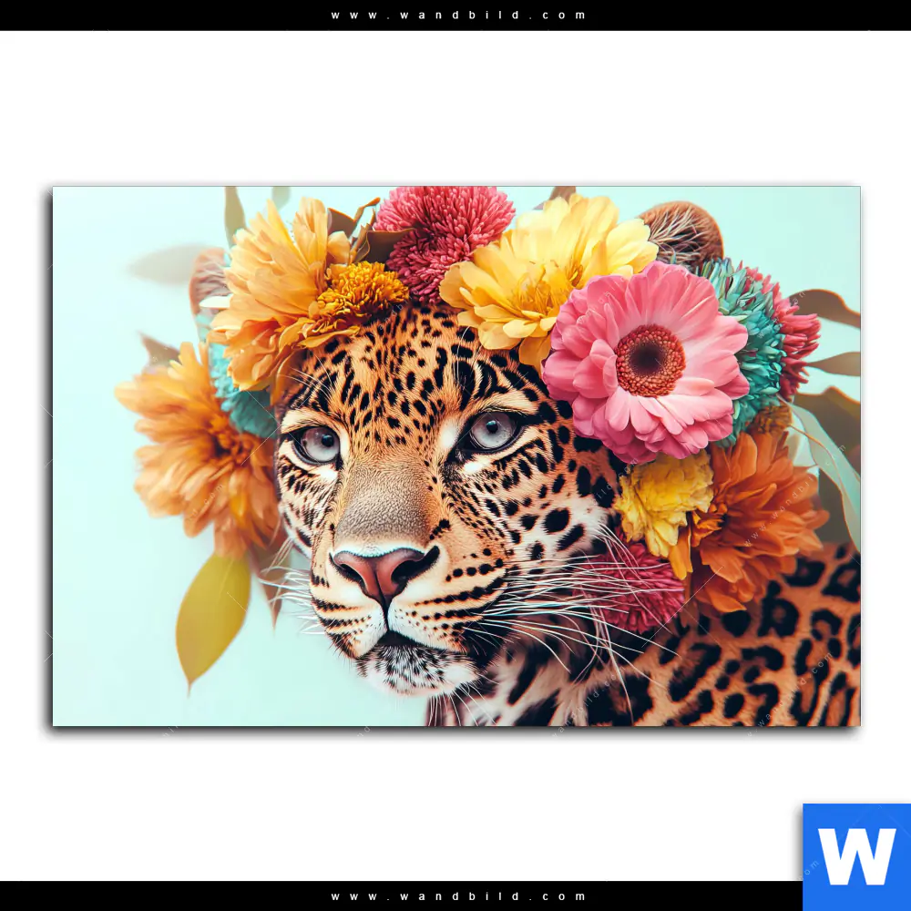 Poster | Leopard mit Blütenkranz | Querformat - Image 2