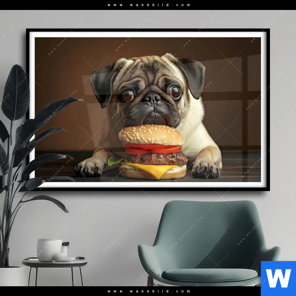 Poster | Mops mit Cheeseburger | Querformat