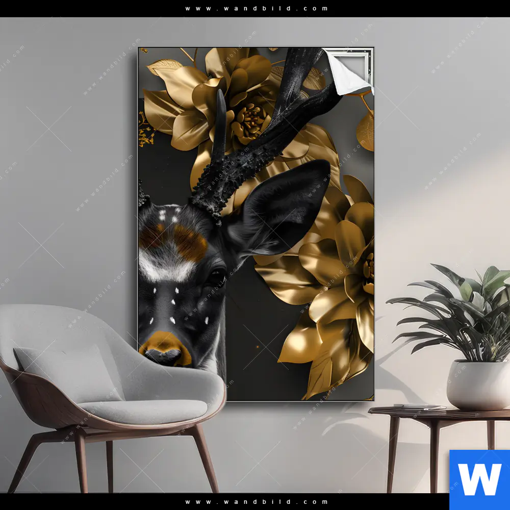 Spannbild | Junger Hirsch und Goldblumen | Hochformat