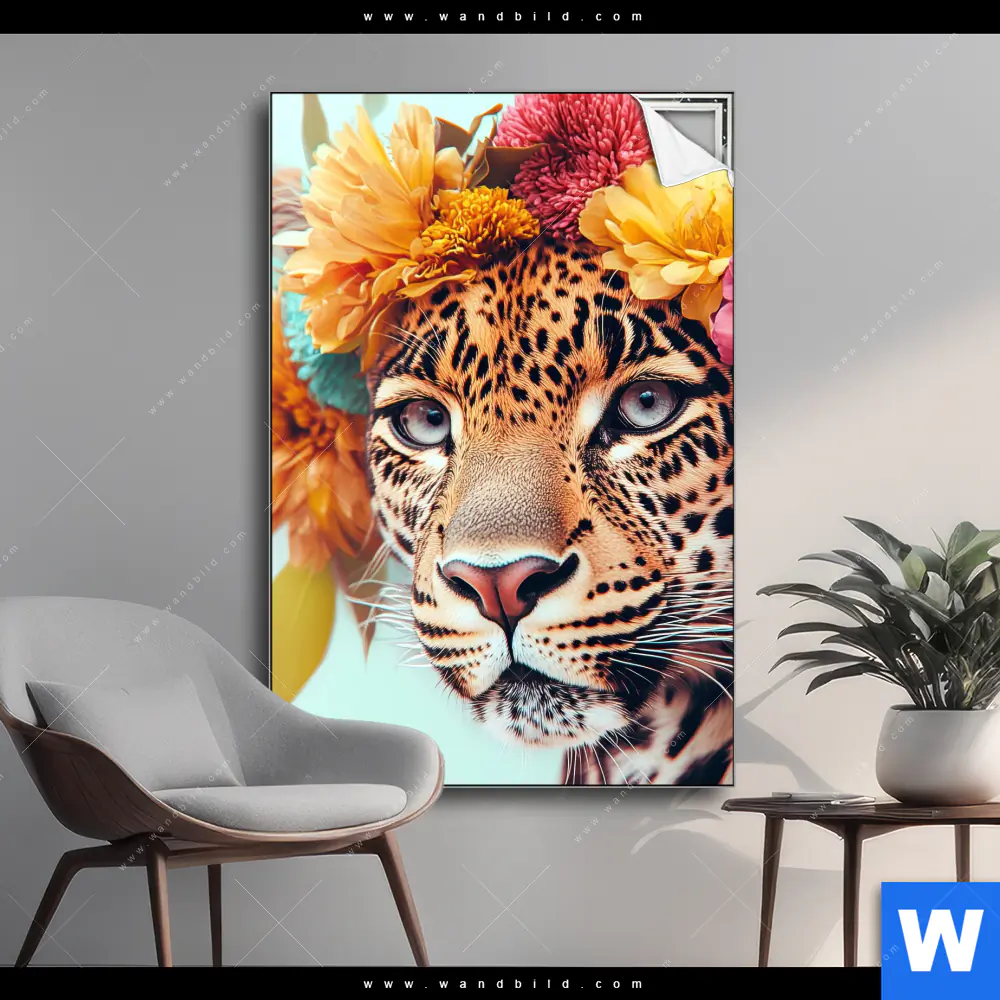 Spannbild | Leopard mit Blütenkranz | Hochformat