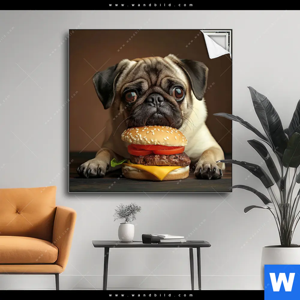 Spannbild | Mops mit Cheeseburger | Quadrat