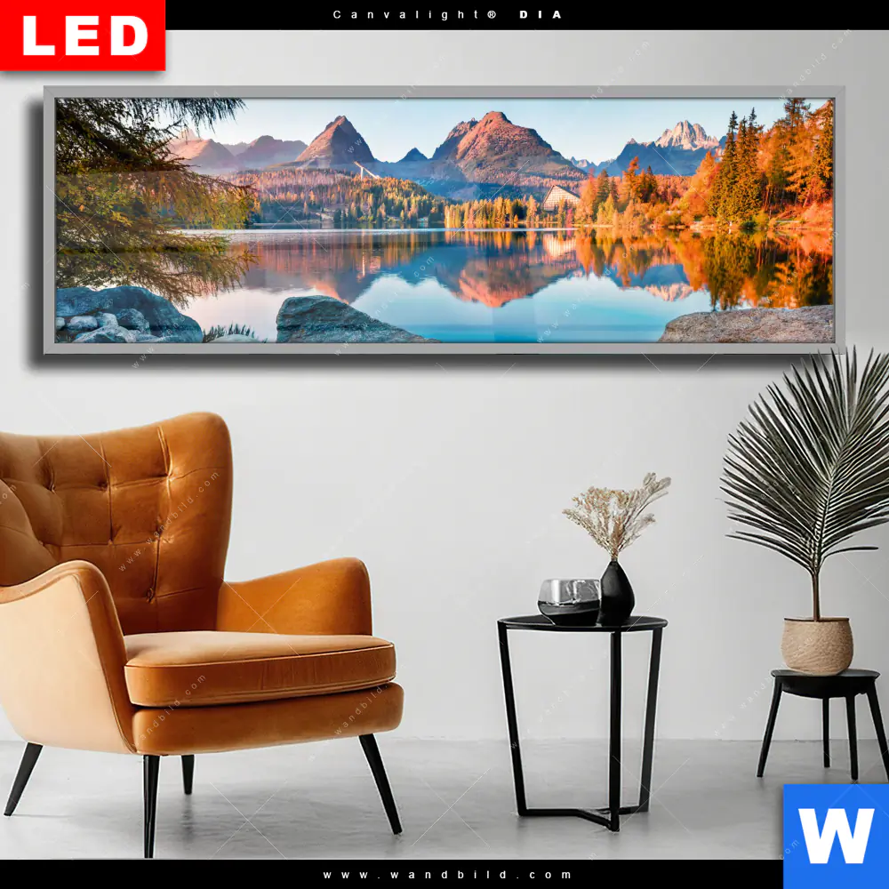 Wechselmotiv Acrylglas Canvalight® DIA | Abendszene mit Bergen und See | Panorama