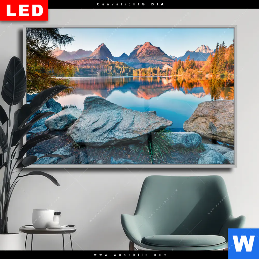 Wechselmotiv Acrylglas Canvalight® DIA | Abendszene mit Bergen und See | Querformat