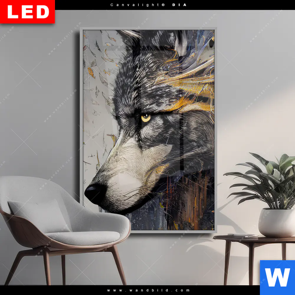 Wechselmotiv Acrylglas Canvalight® DIA | Abstrakter Wolf in Gold und Grau | Hochformat