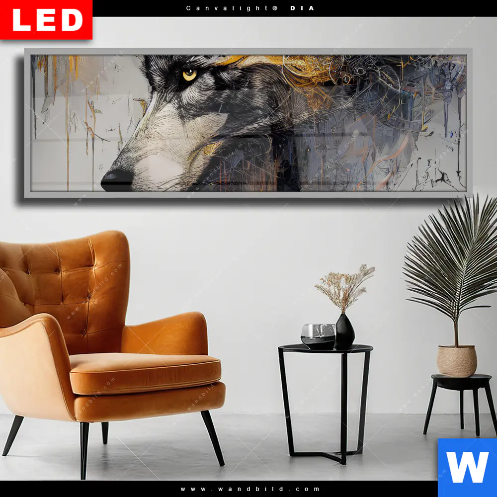 Wechselmotiv Acrylglas Canvalight® DIA | Abstrakter Wolf in Gold und Grau | Panorama