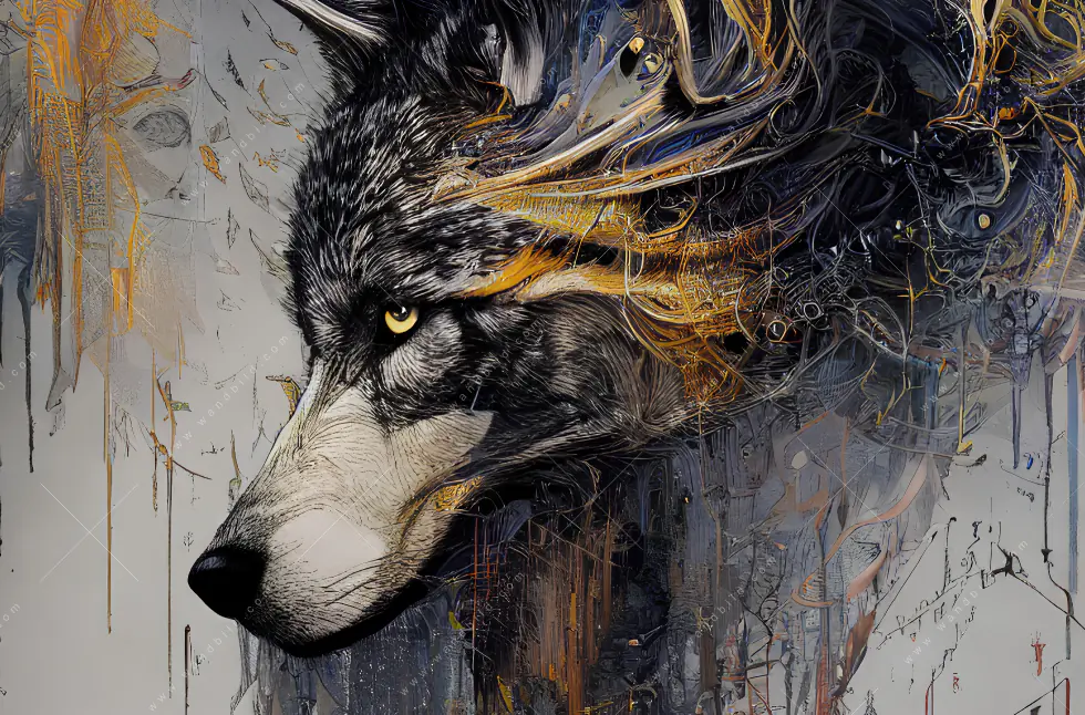 Wechselmotiv Acrylglas Canvalight® DIA | Abstrakter Wolf in Gold und Grau | Panorama - Image 5