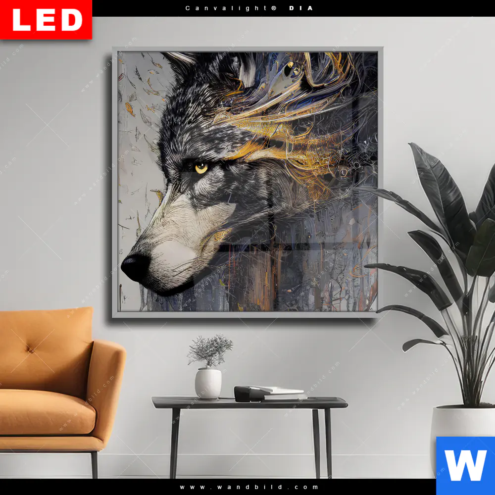 Wechselmotiv Acrylglas Canvalight® DIA | Abstrakter Wolf in Gold und Grau | Quadrat