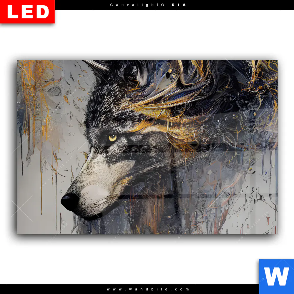 Wechselmotiv Acrylglas Canvalight® DIA | Abstrakter Wolf in Gold und Grau | Querformat - Image 2