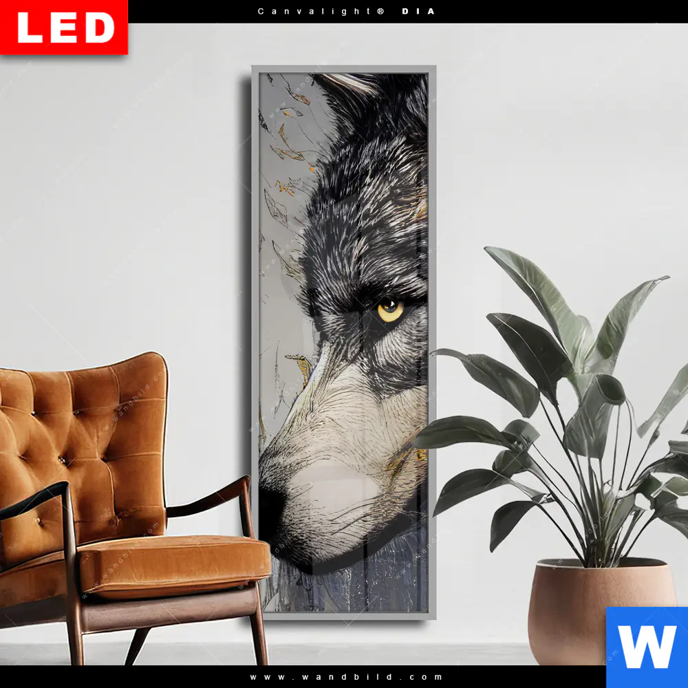 Wechselmotiv Acrylglas Canvalight® DIA | Abstrakter Wolf in Gold und Grau | Schmal