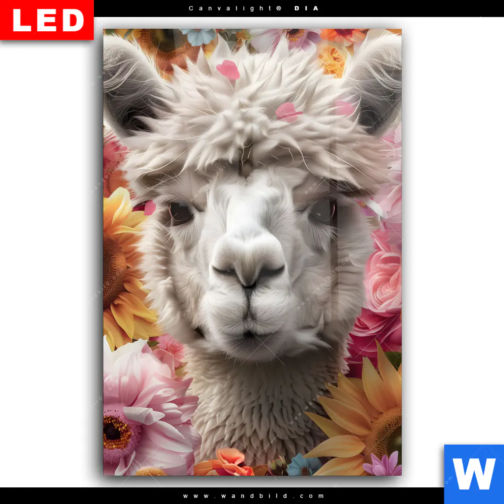 Wechselmotiv Acrylglas Canvalight® DIA | Alpaka mit Blumen | Hochformat - Image 2
