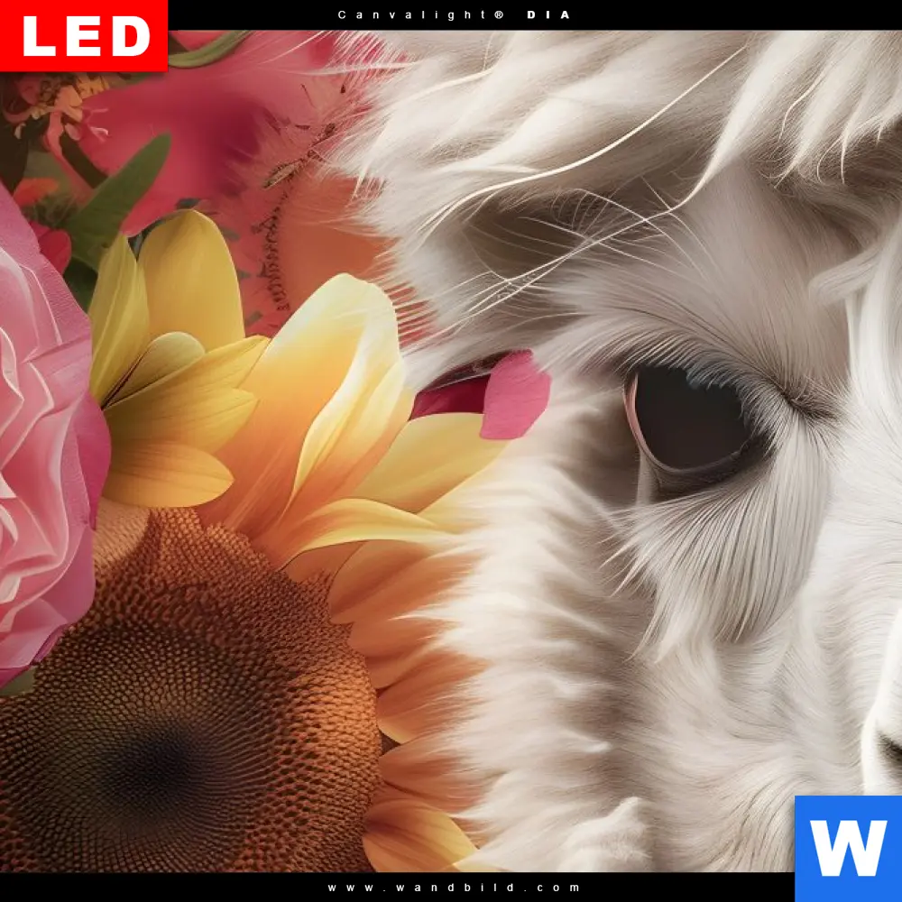 Wechselmotiv Acrylglas Canvalight® DIA | Alpaka mit Blumen | Hochformat - Image 4