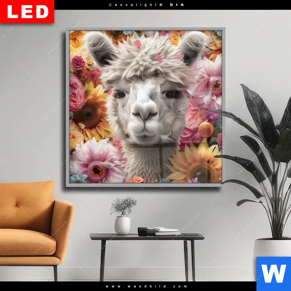 Wechselmotiv Acrylglas Canvalight® DIA | Alpaka mit Blumen | Quadrat