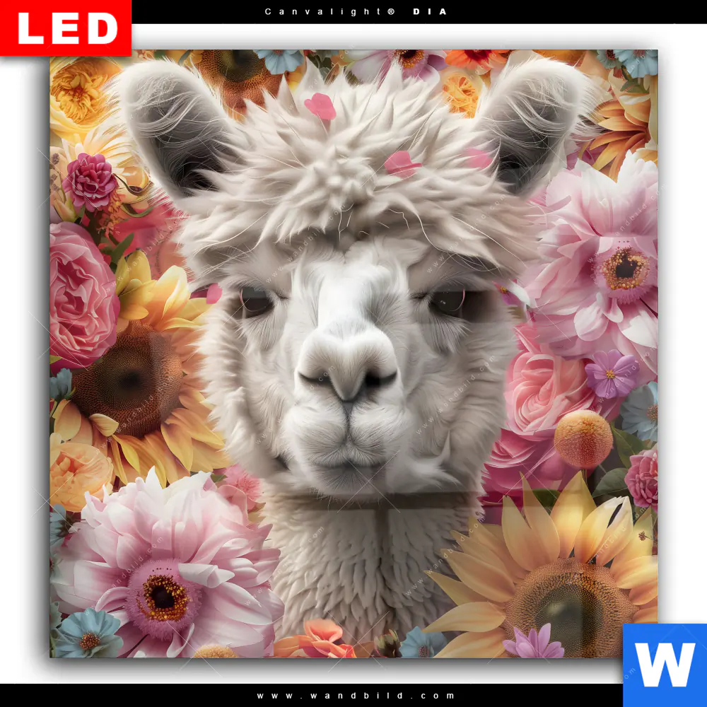 Wechselmotiv Acrylglas Canvalight® DIA | Alpaka mit Blumen | Quadrat - Image 2