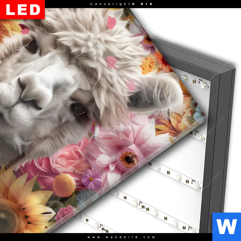 Wechselmotiv Acrylglas Canvalight® DIA | Alpaka mit Blumen | Quadrat - Image 3