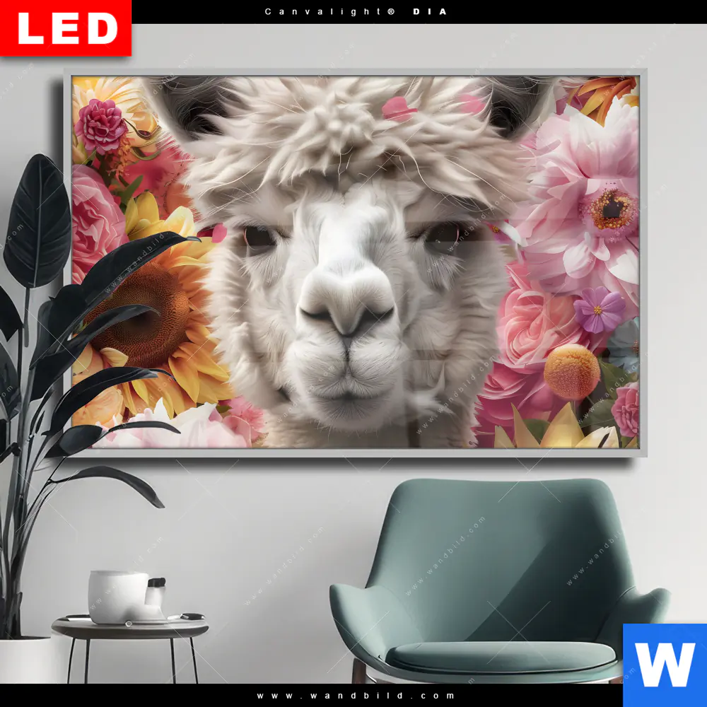 Wechselmotiv Acrylglas Canvalight® DIA | Alpaka mit Blumen | Querformat