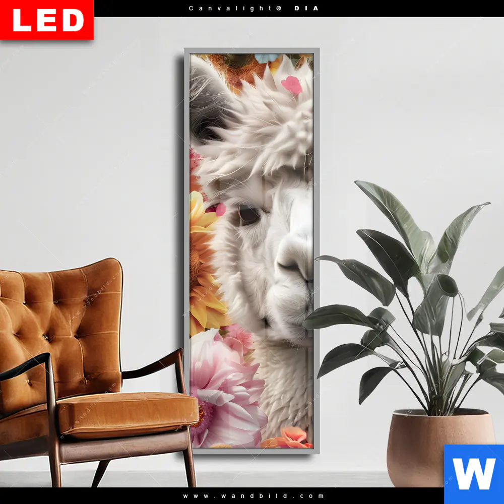 Wechselmotiv Acrylglas Canvalight® DIA | Alpaka mit Blumen | Schmal
