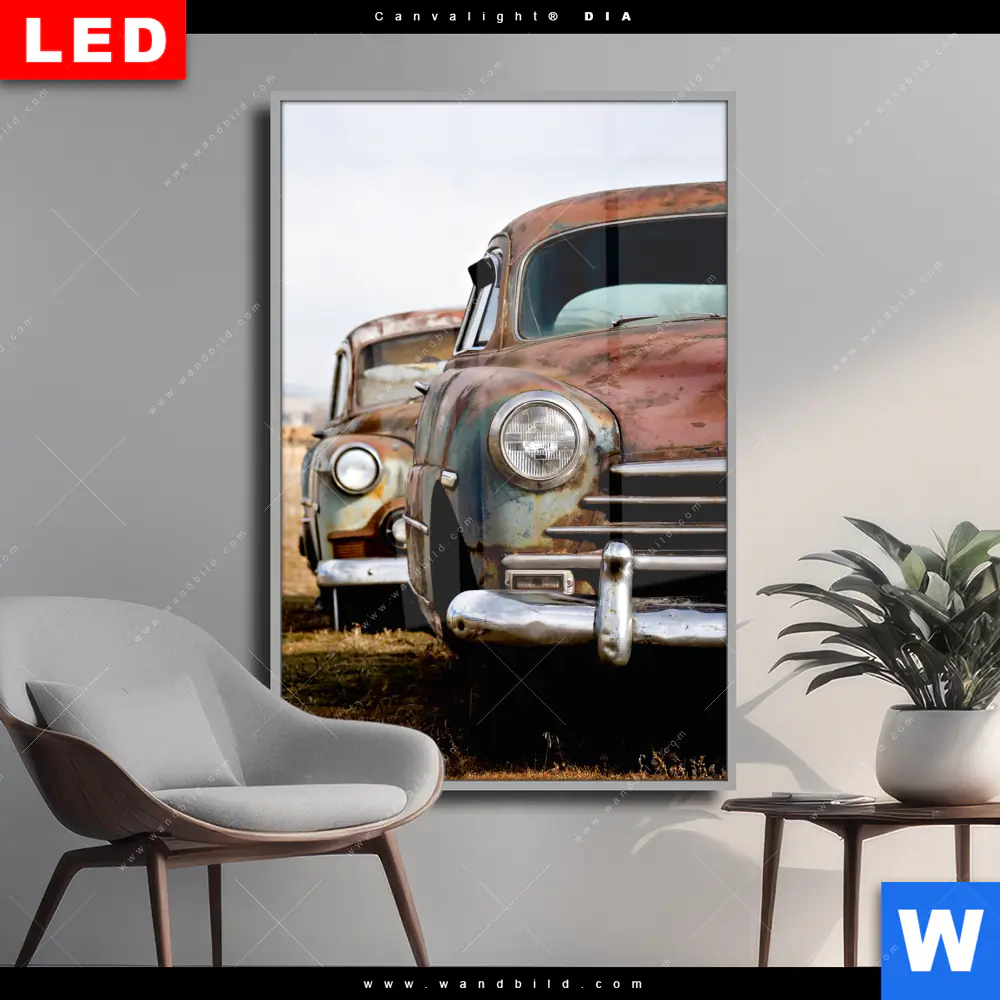 Wechselmotiv Acrylglas Canvalight® DIA | Alte rostige Autos | Hochformat