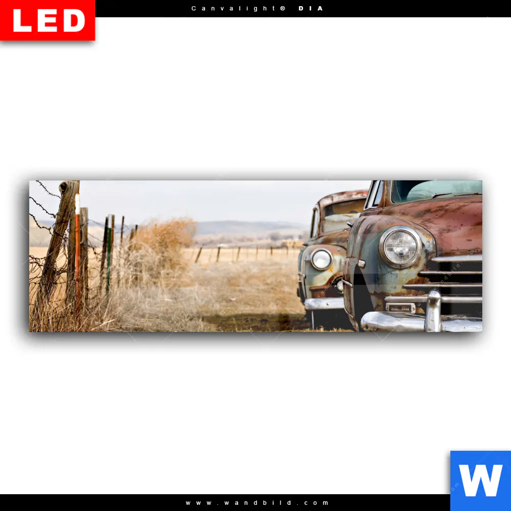 Wechselmotiv Acrylglas Canvalight® DIA | Alte rostige Autos | Panorama - Image 2