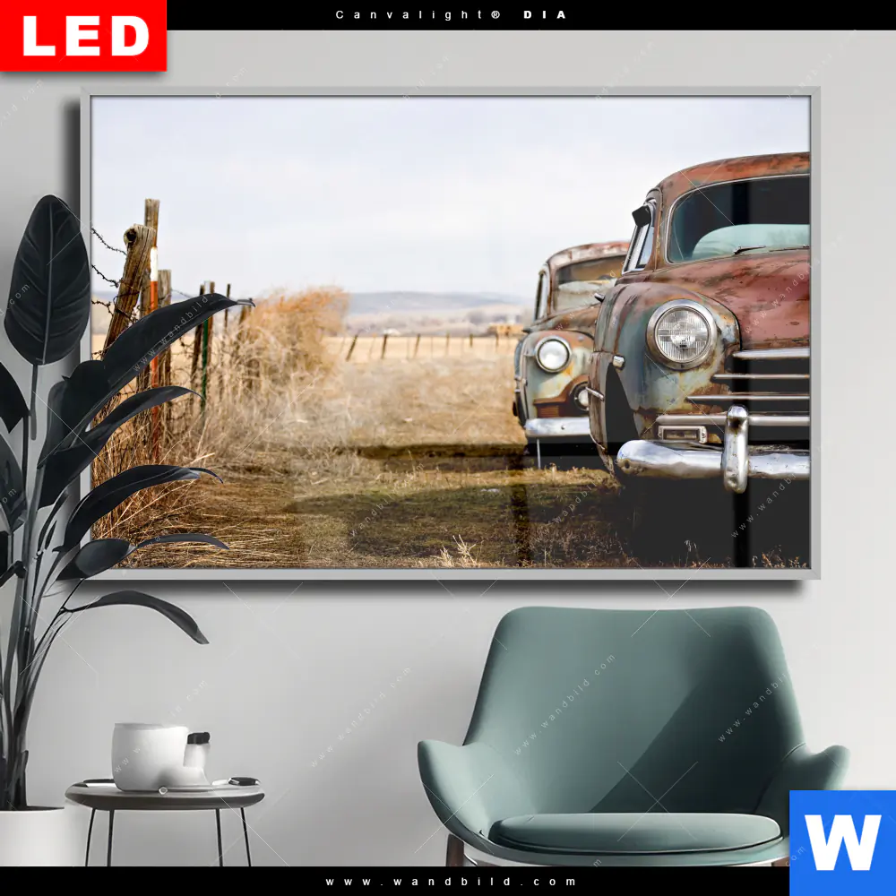 Wechselmotiv Acrylglas Canvalight® DIA | Alte rostige Autos | Querformat