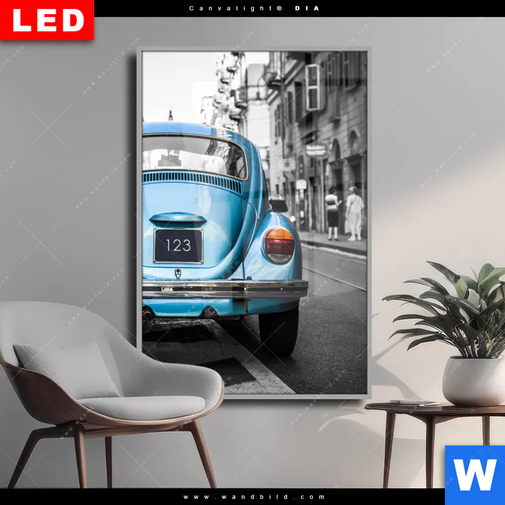 Wechselmotiv Acrylglas Canvalight® DIA | Blauer Oldtimer | Hochformat
