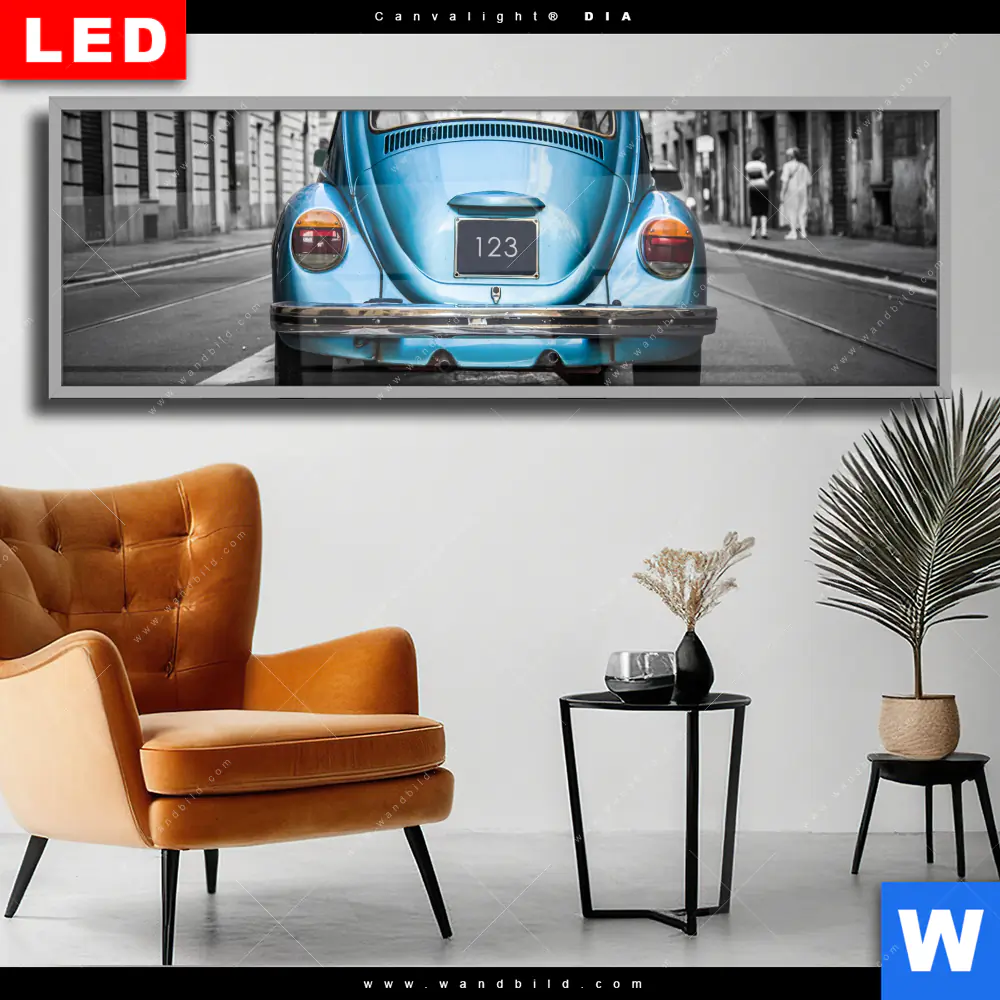 Wechselmotiv Acrylglas Canvalight® DIA | Blauer Oldtimer | Panorama