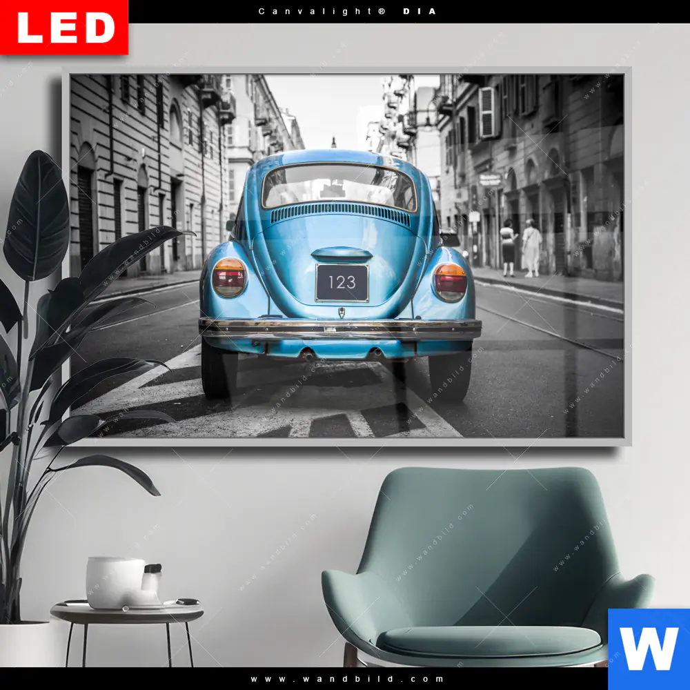 Wechselmotiv Acrylglas Canvalight® DIA | Blauer Oldtimer | Querformat