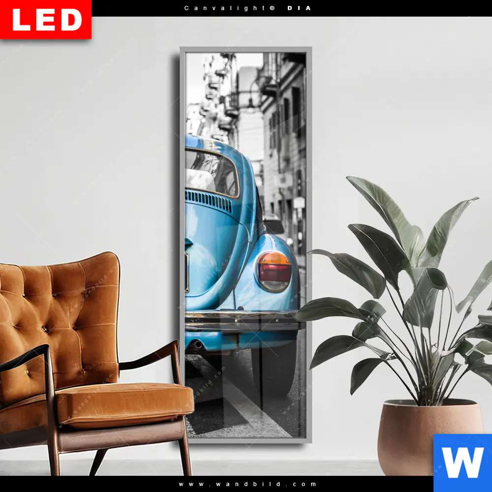 Wechselmotiv Acrylglas Canvalight® DIA | Blauer Oldtimer | Schmal