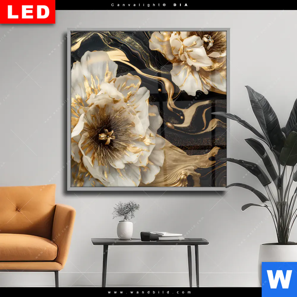 Wechselmotiv Acrylglas Canvalight® DIA | Blüten Gold Weiß Schwarz | Quadrat
