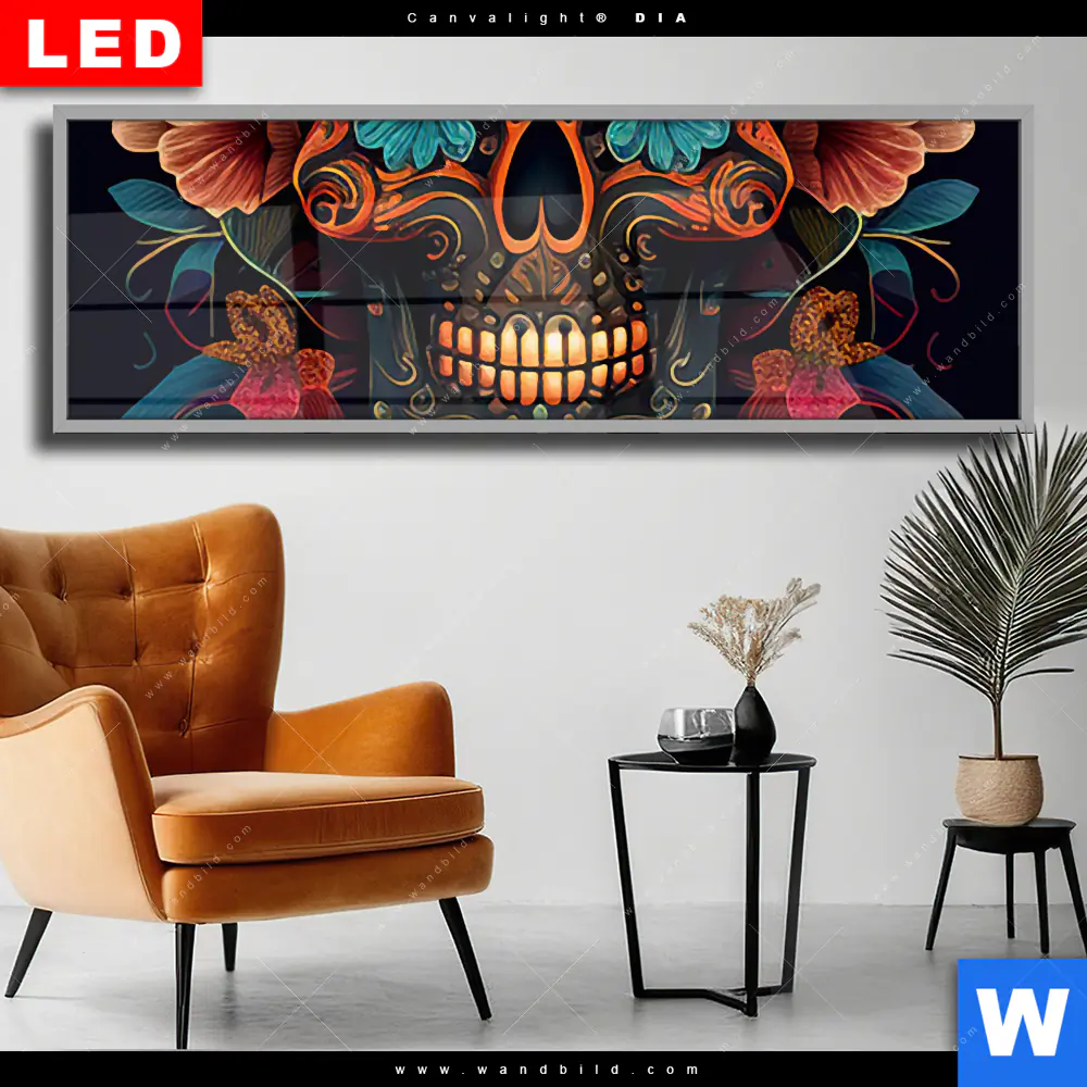 Wechselmotiv Acrylglas Canvalight® DIA | Blumenschädel schwarz | Panorama