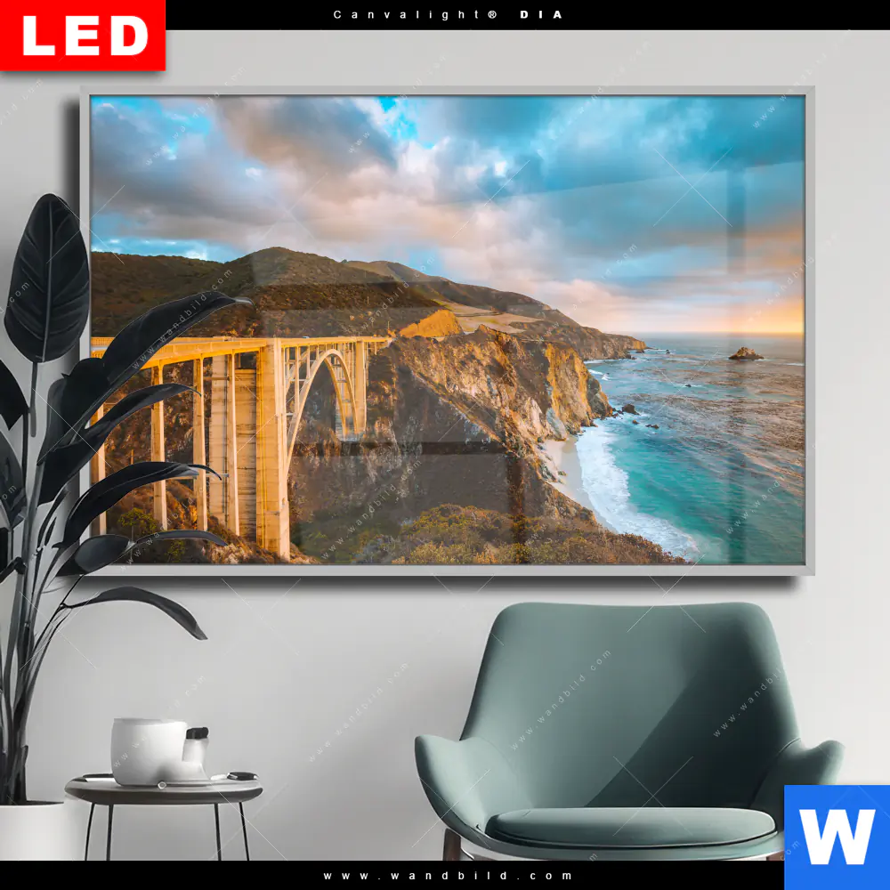 Wechselmotiv Acrylglas Canvalight® DIA | Brücke an der Küste | Querformat