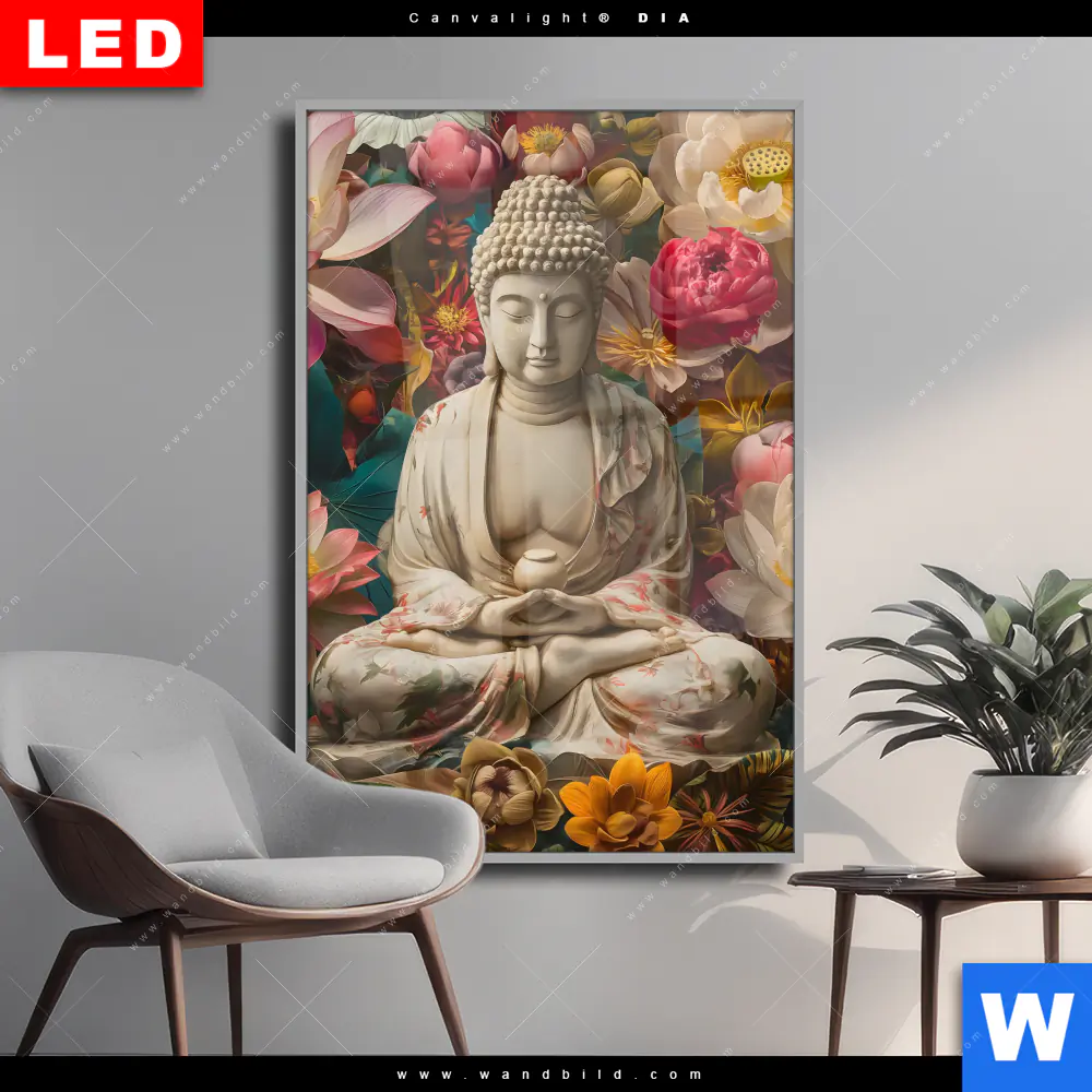 Wechselmotiv Acrylglas Canvalight® DIA | Buddha in farbenfrohen Blumen | Hochformat