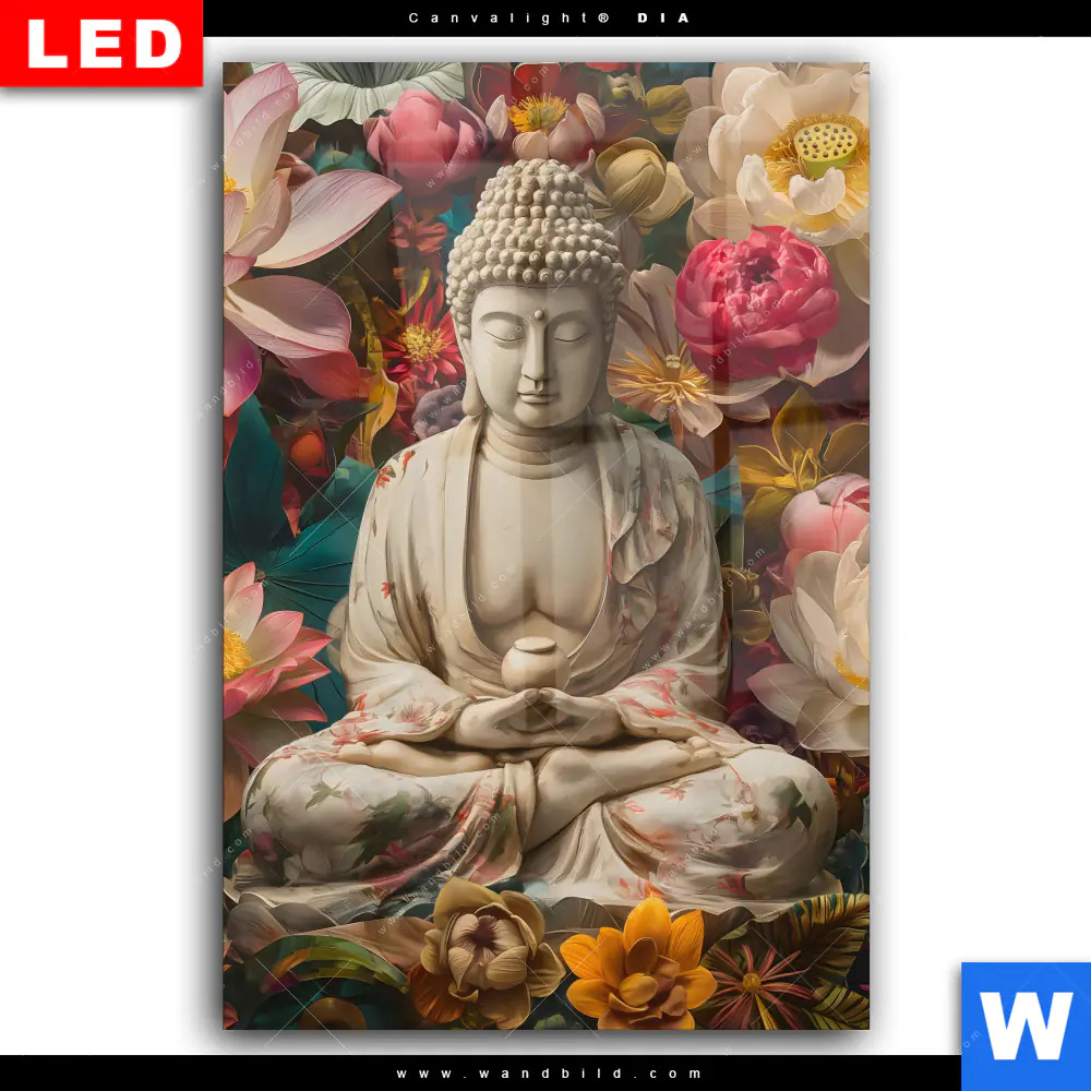 Wechselmotiv Acrylglas Canvalight® DIA | Buddha in farbenfrohen Blumen | Hochformat - Image 2